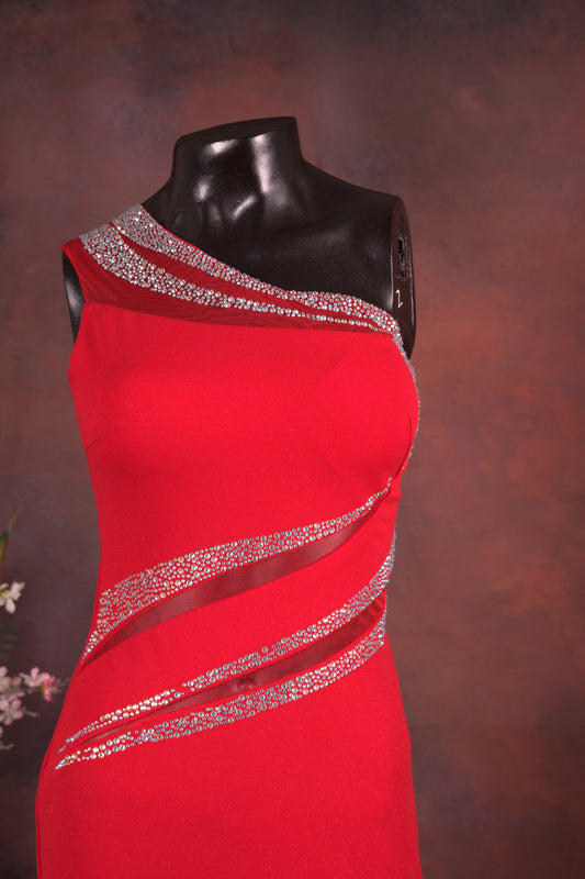 Red One-Shoulder Crystal Gown