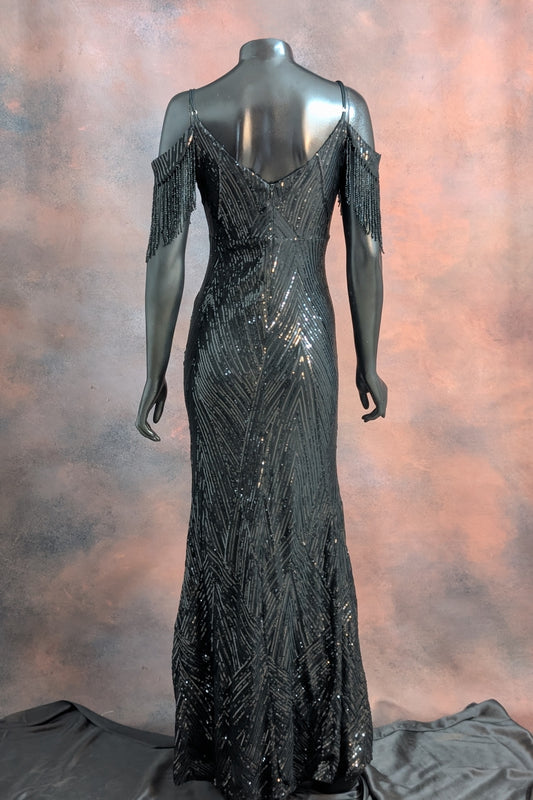 Sequin Cold-Shoulder Fringe Evening Gown