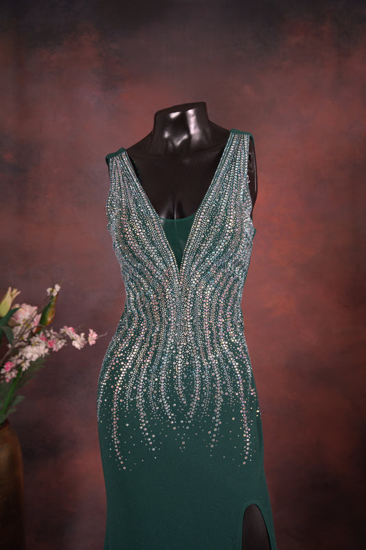 Emerald Green Embellished Slit Gown