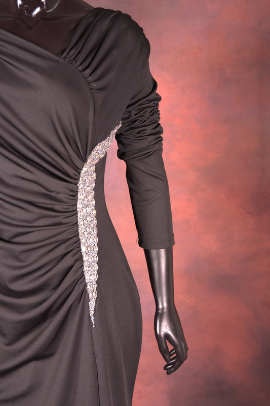 Black Draped Gown with Crystal Accents