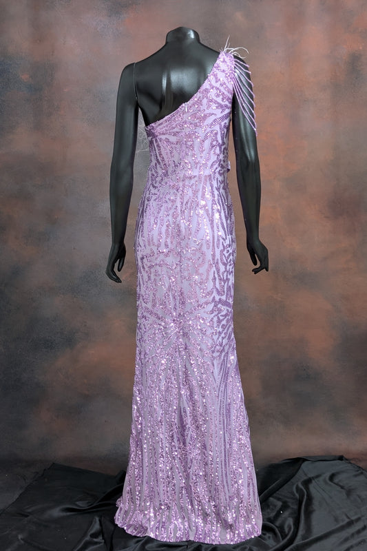 Lilac Feather-Trimmed Sequin Evening Gown