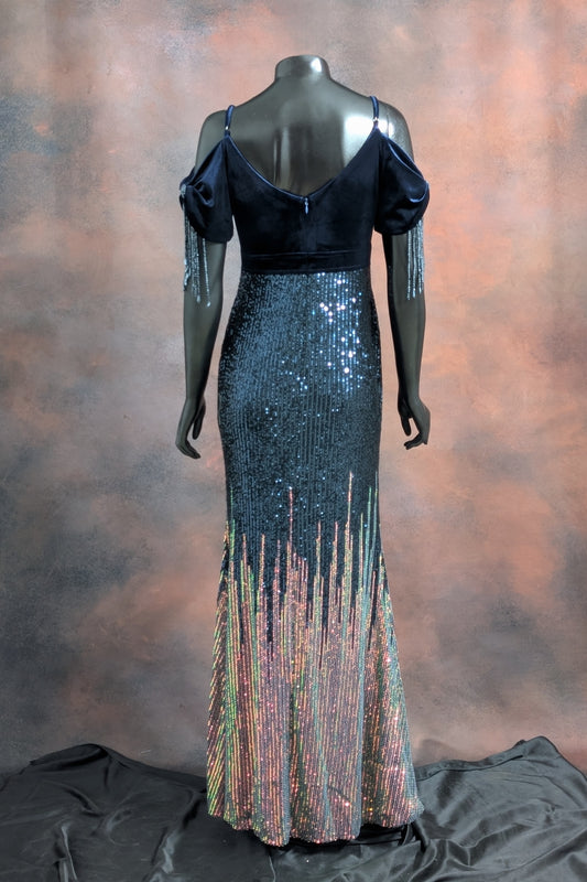 Midnight Blue Velvet & Sequin Fringe Gown