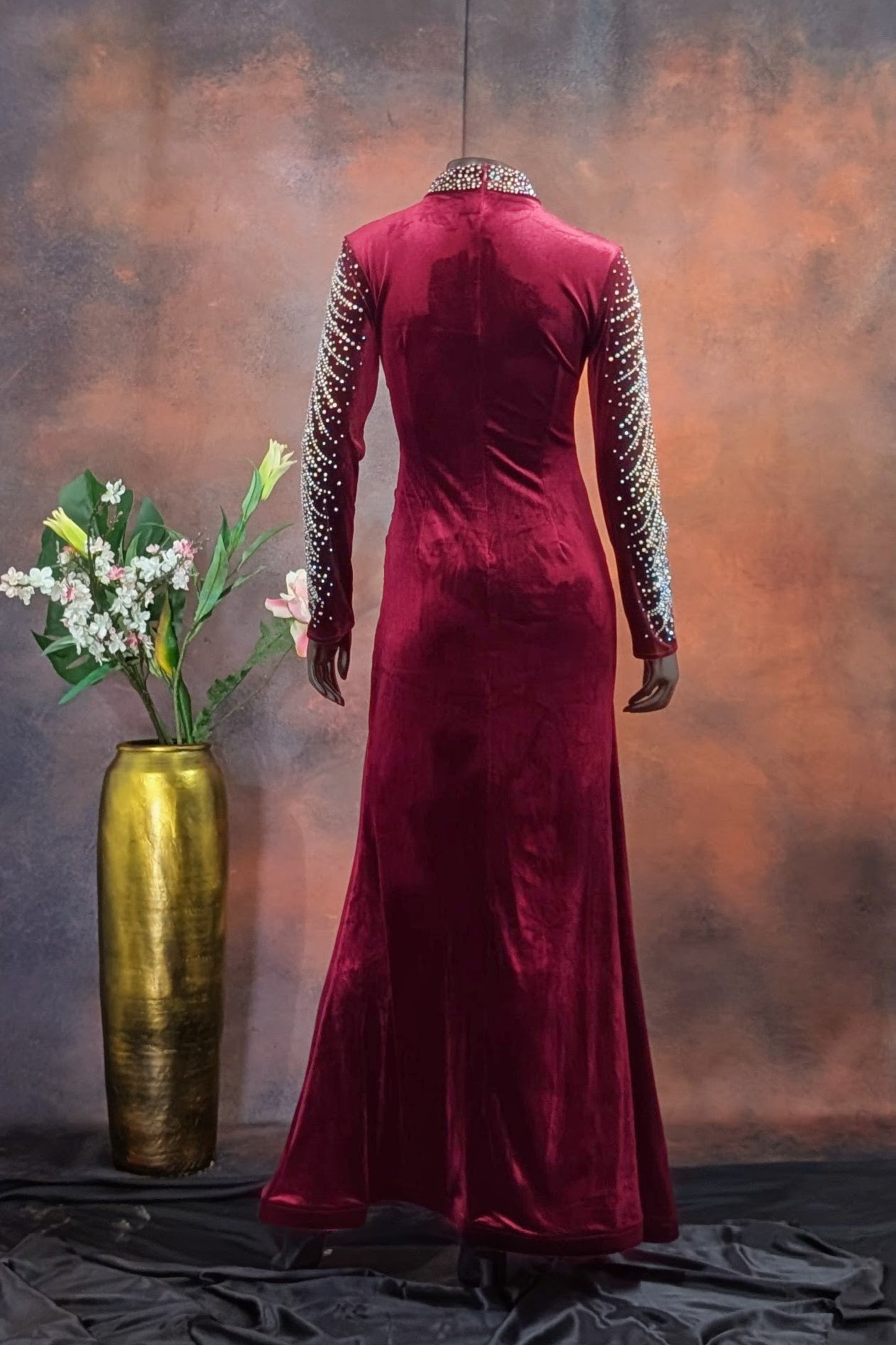 Wine Velvet Embellished High Neck Gown