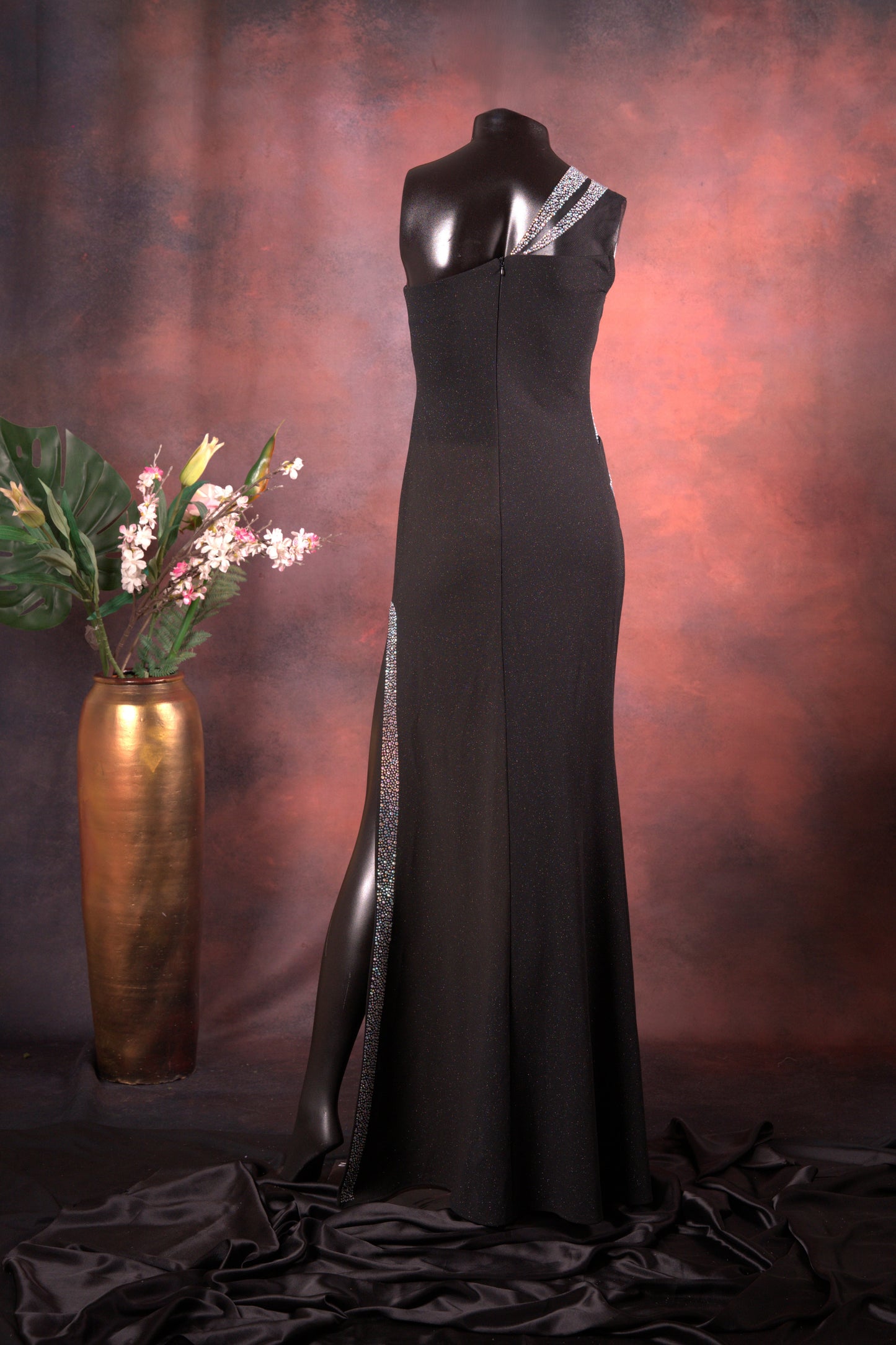 Black One-Shoulder Crystal Gown