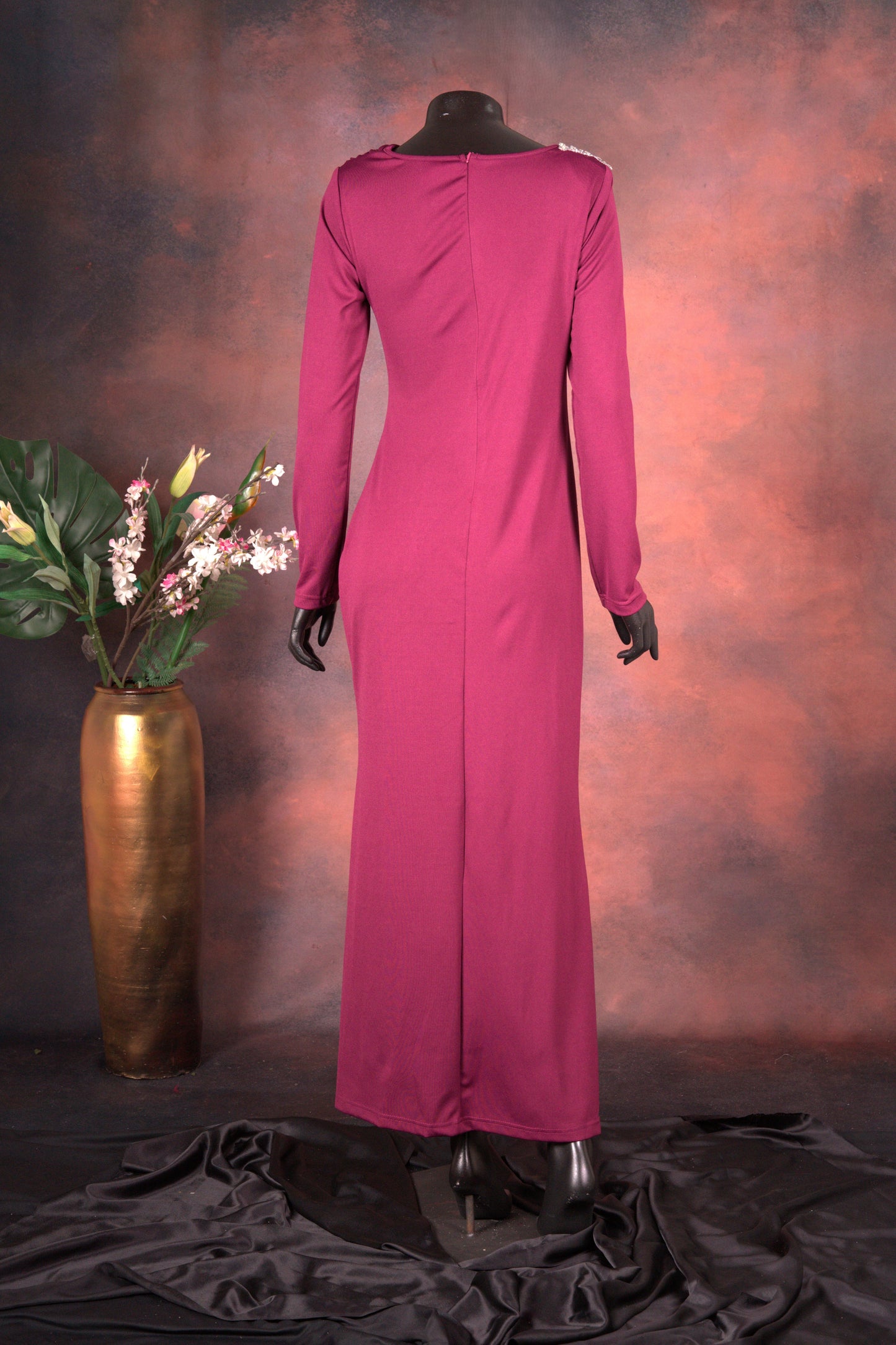 Wine Draped Gown with Crystal Accents