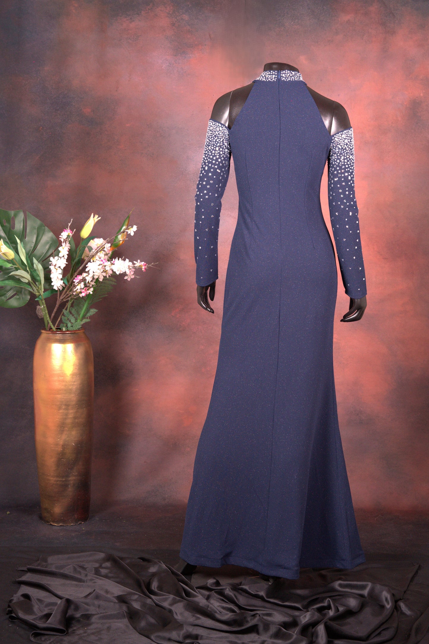 Navy Blue Embellished Cold Shoulder Gown