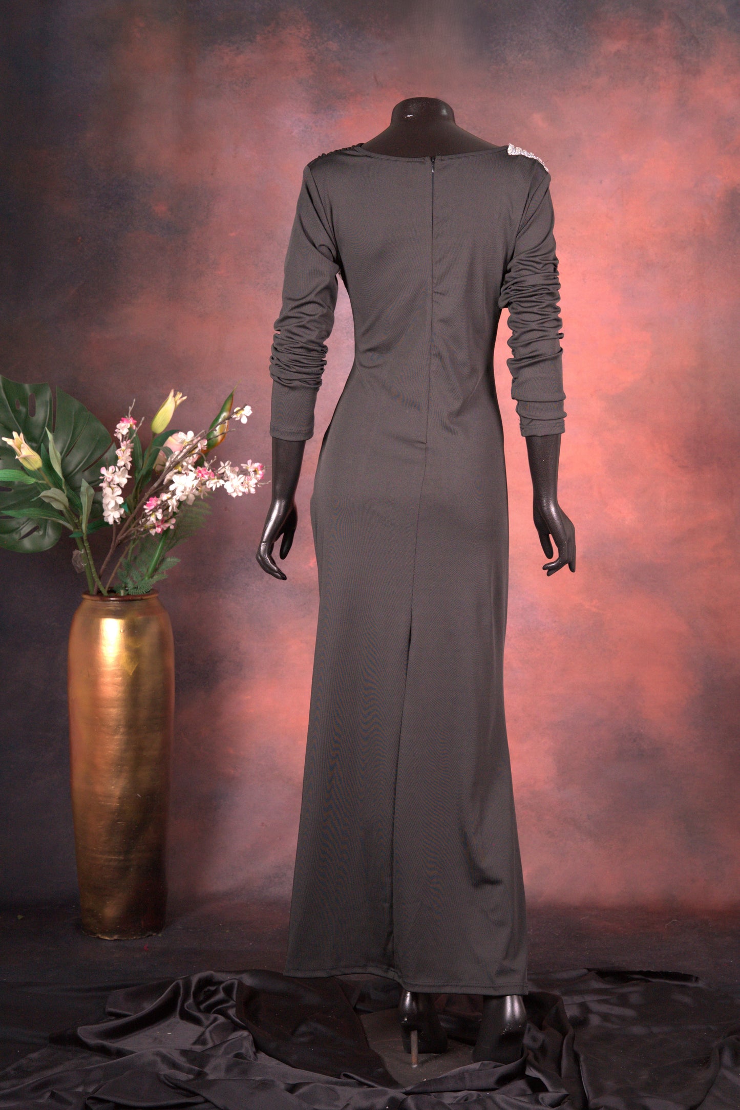 Black Draped Gown with Crystal Accents