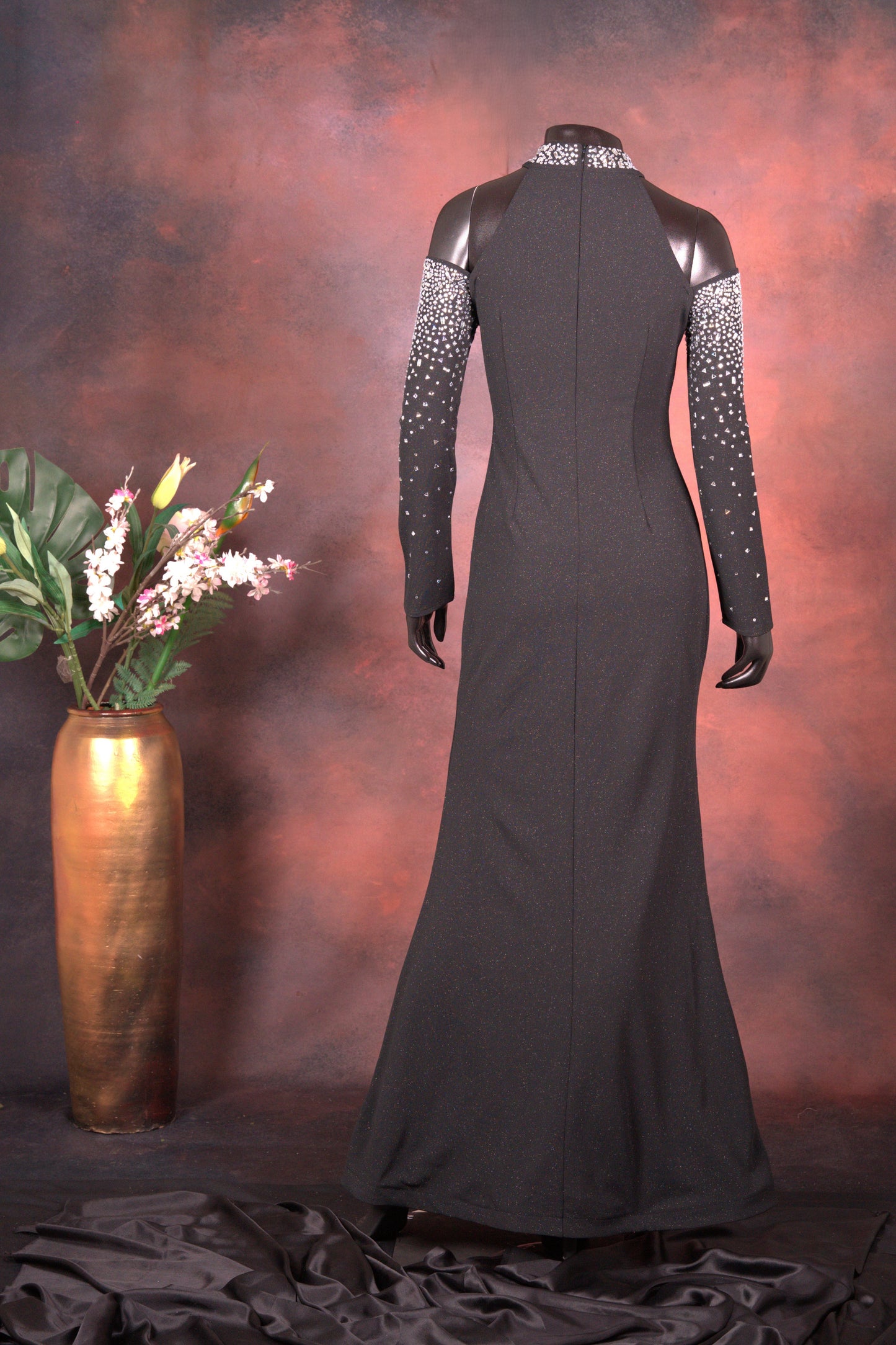 Black Embellished Cold Shoulder Gown