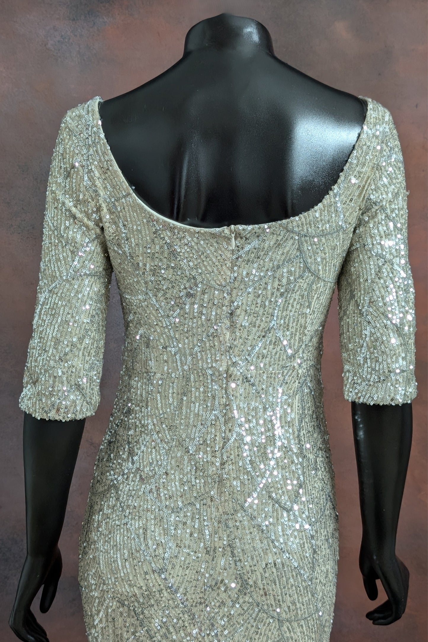 Beige Pearl Embellished Evening Gown