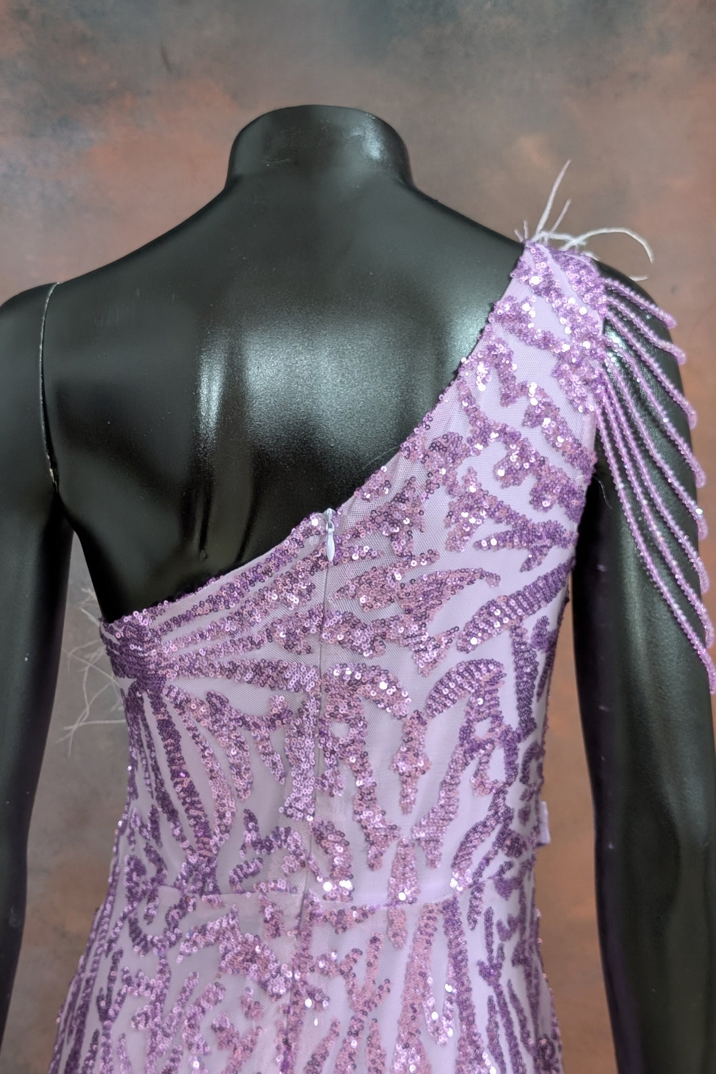 Lilac Feather-Trimmed Sequin Evening Gown