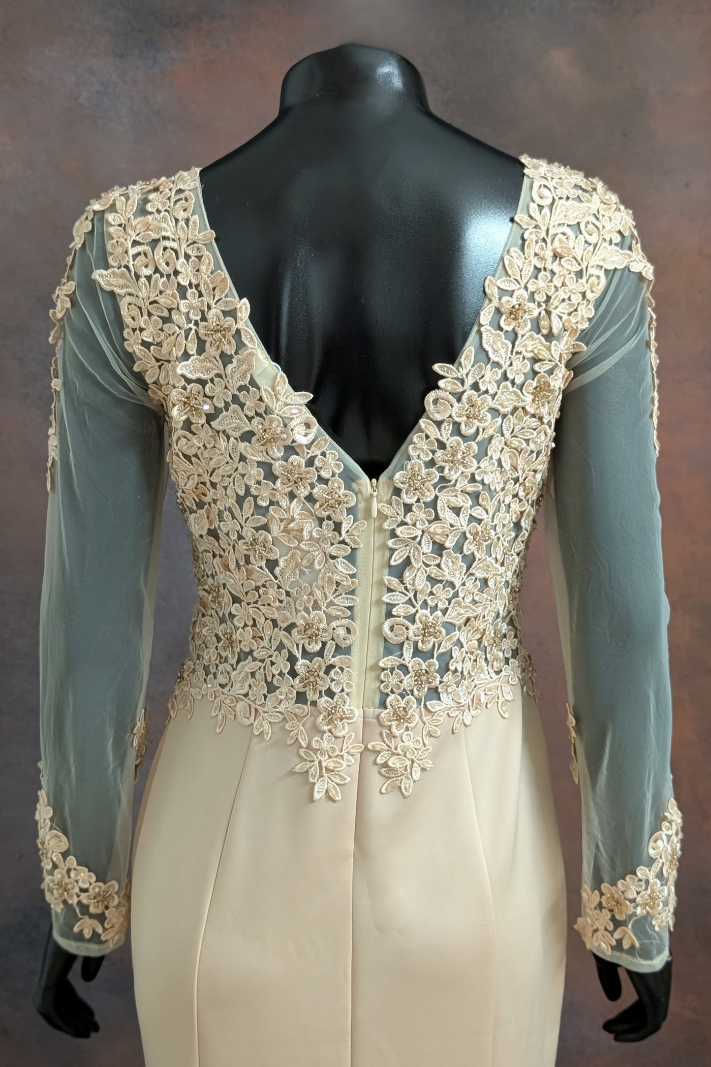 Beige Floral Lace Evening Gown