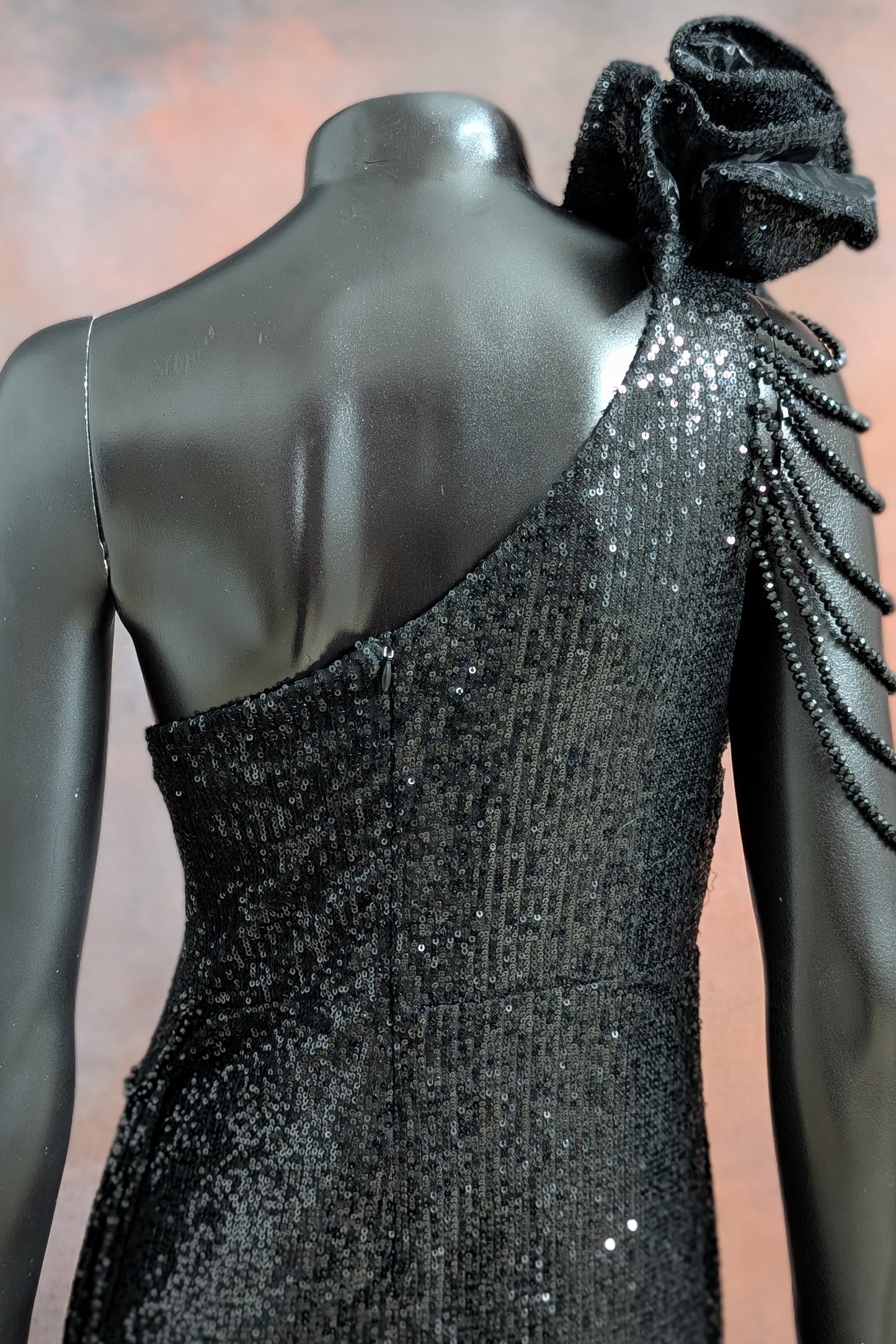 One-Shoulder Sequin Rose Detail Evening Gown