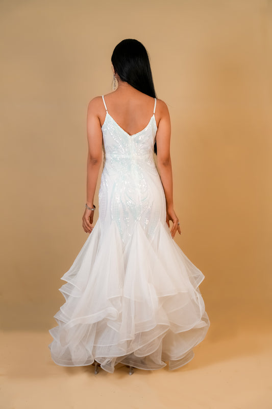 White Layered Sequin Mermaid Gown