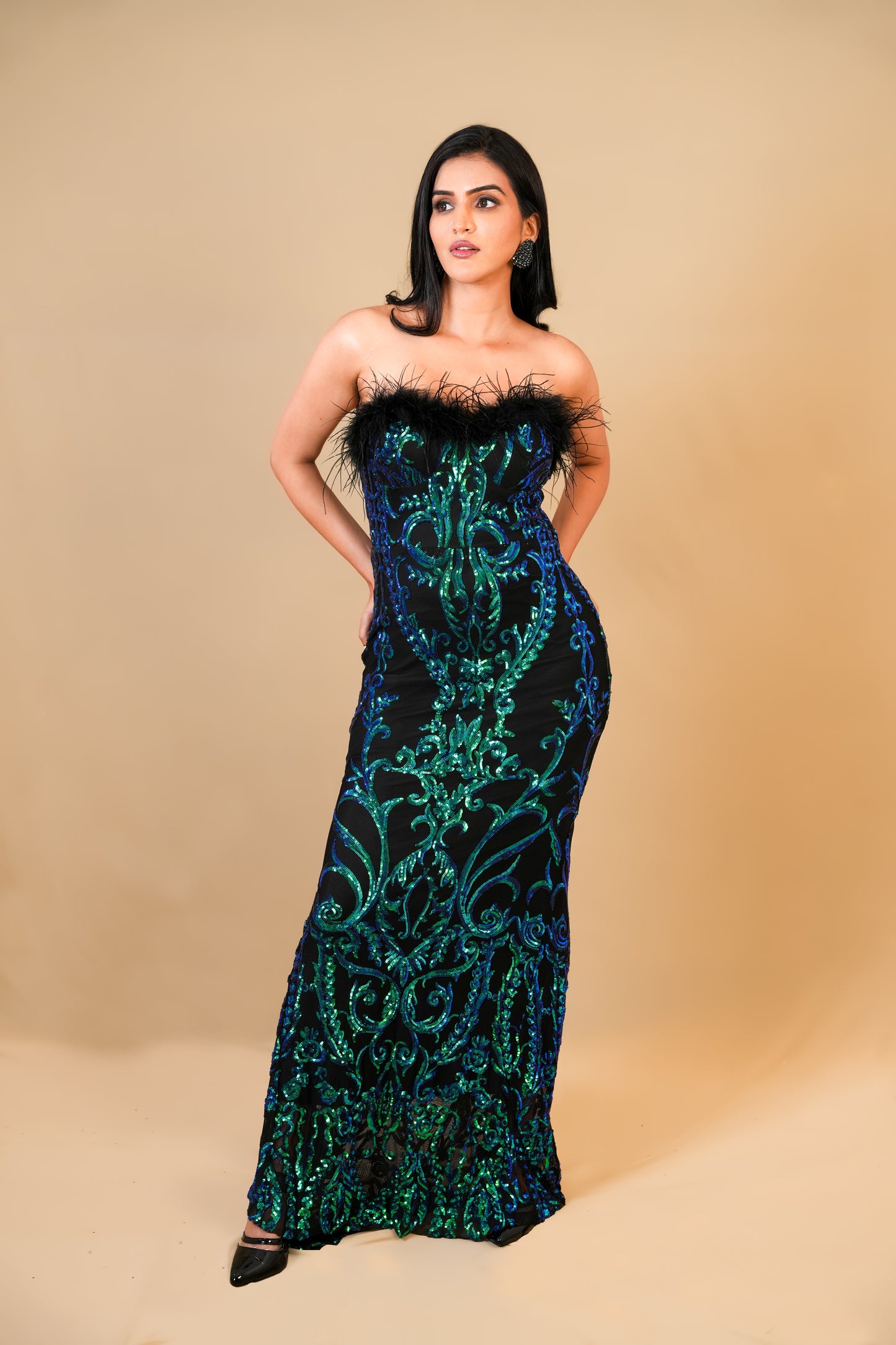 Black & Emerald Green Sequin Strapless Gown with Feather Detailing