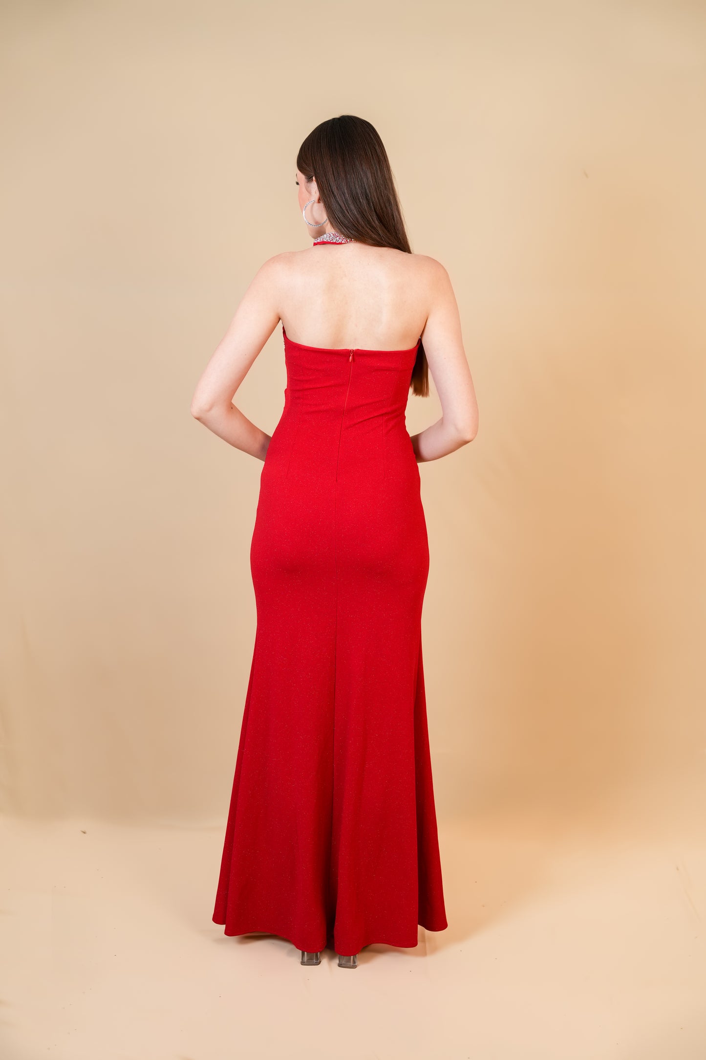 Red Embellished Cutout Slit Gown