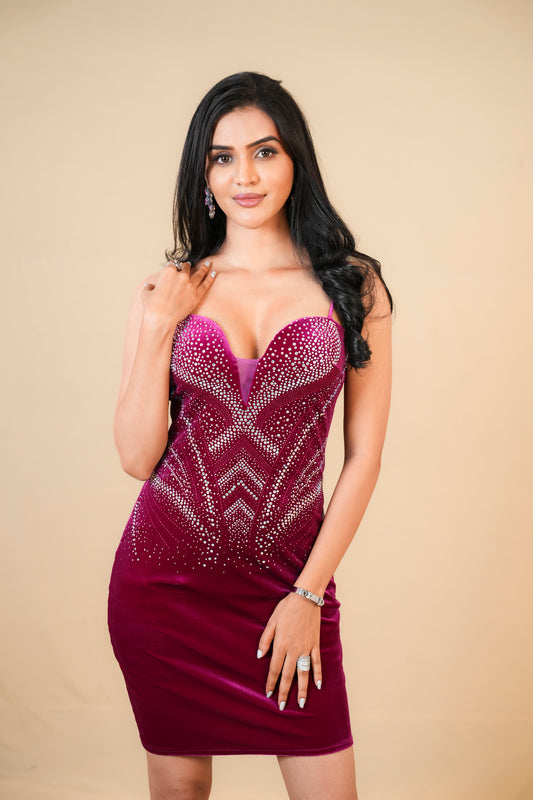 Burgundy Wine Velvet Embellished Bodycon Dress