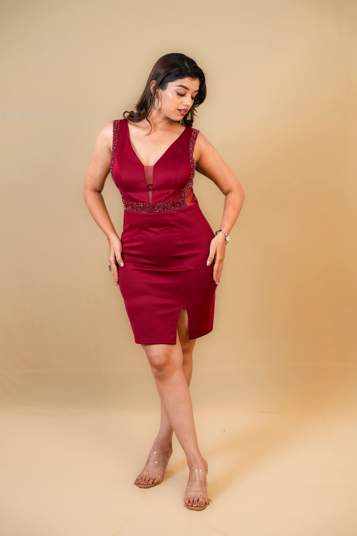 Maroon Embellished Bodycon Dress