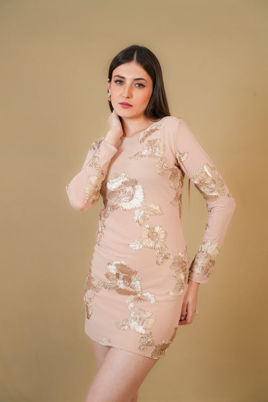 Gold Sequin Embroidered Mini Dress