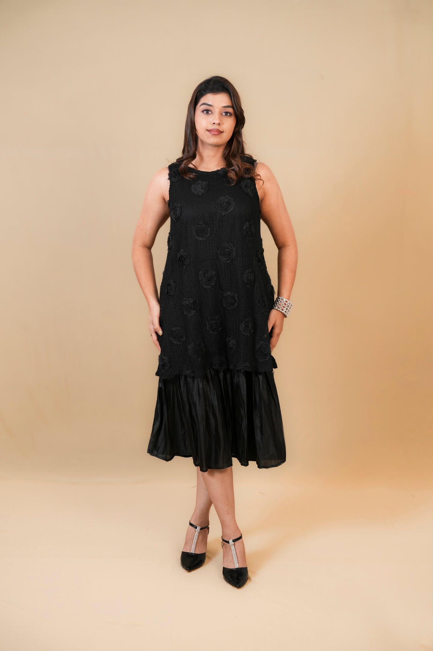 Black Textured Midi Dress with Layered Hem