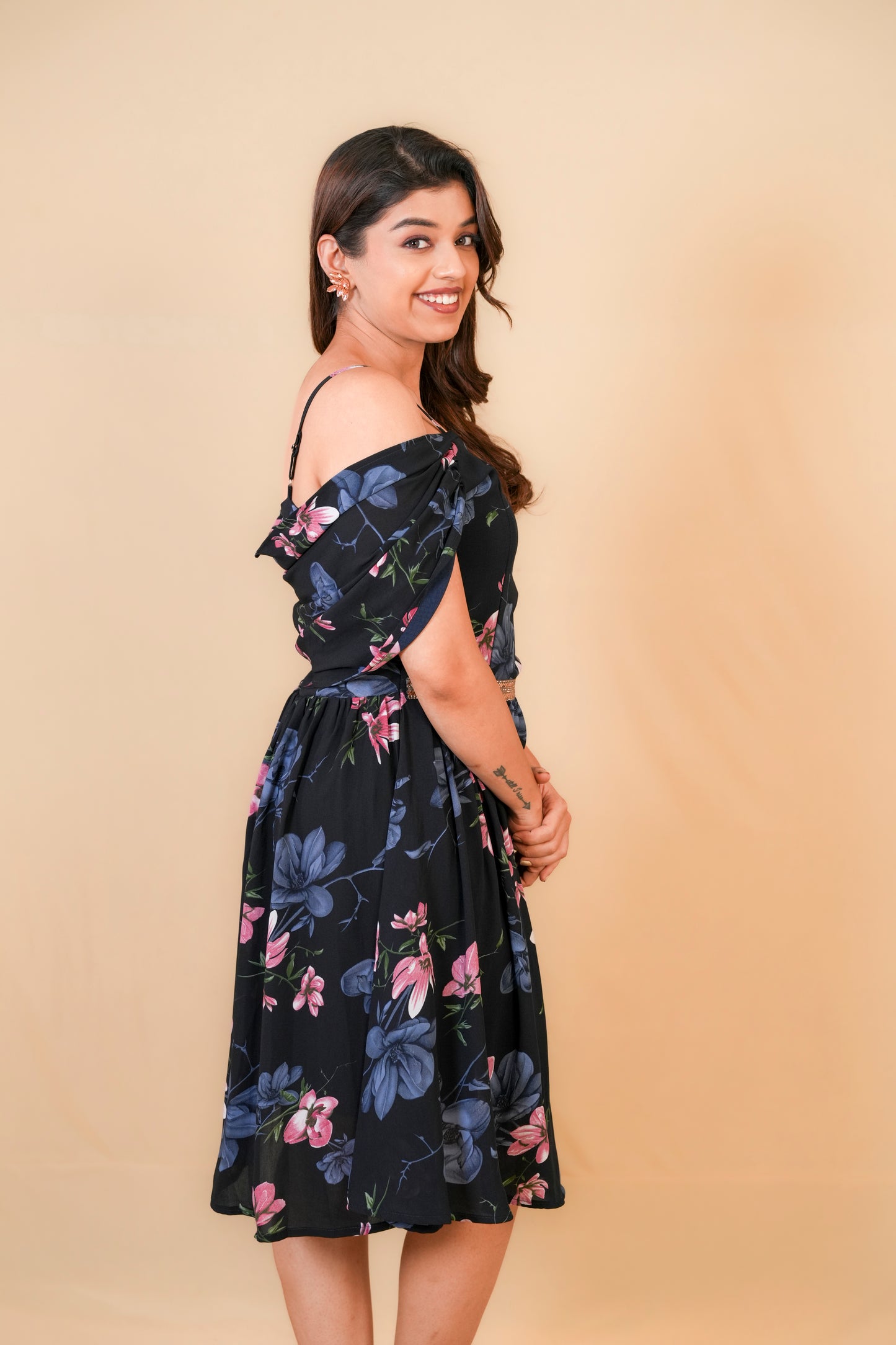 Navy Blue Floral Off-Shoulder Fit & Flare Dress