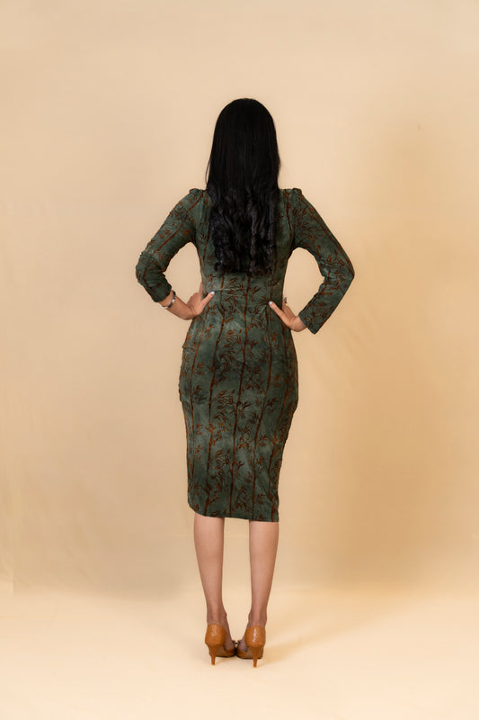 Olive Green Textured Bodycon Dress with Front Slit