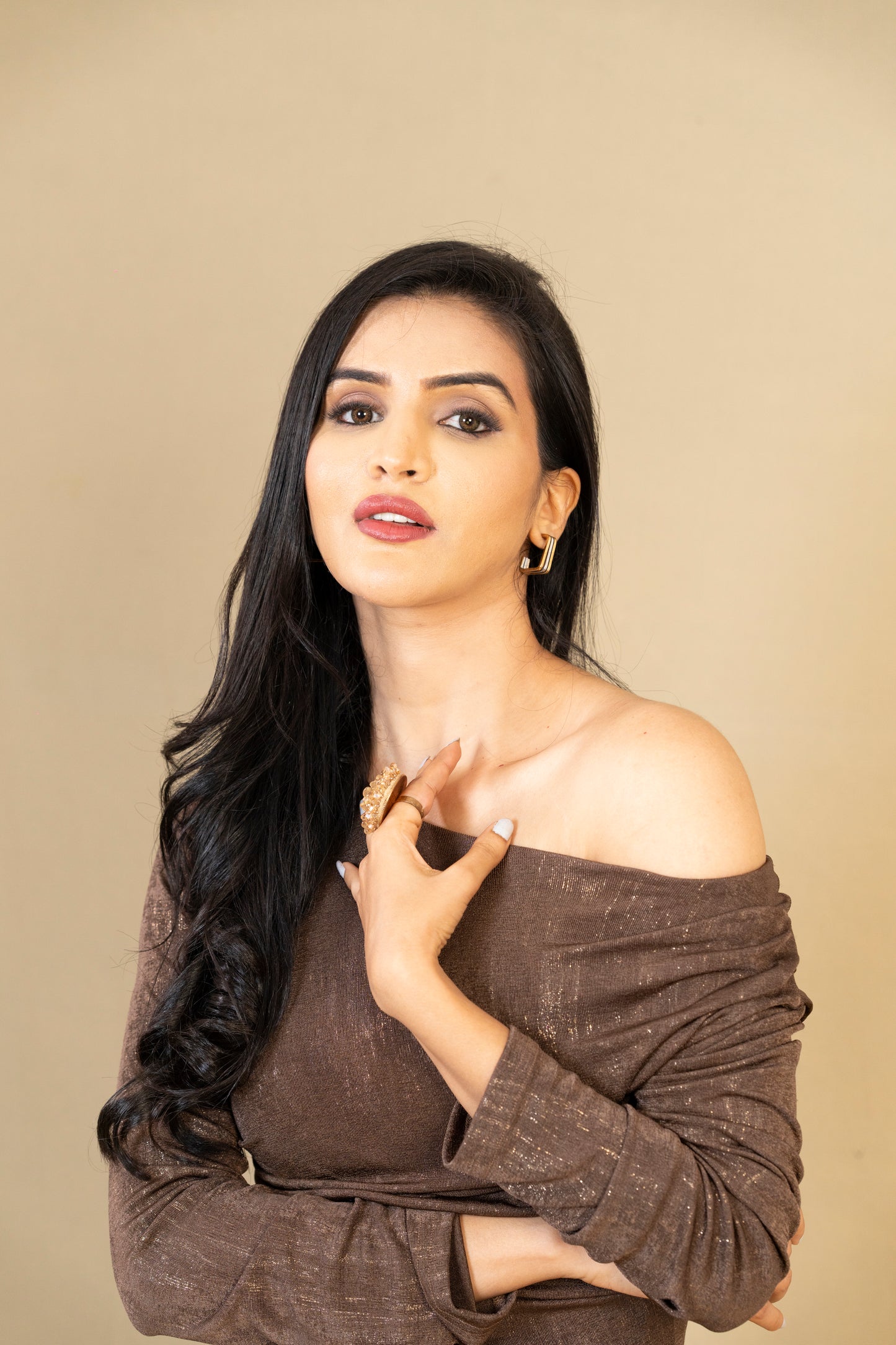 Coffee Brown Metallic Bodycon Dress