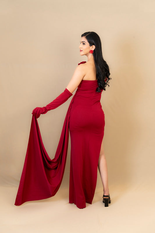 Wine Red Off-Shoulder Gown with Gloves