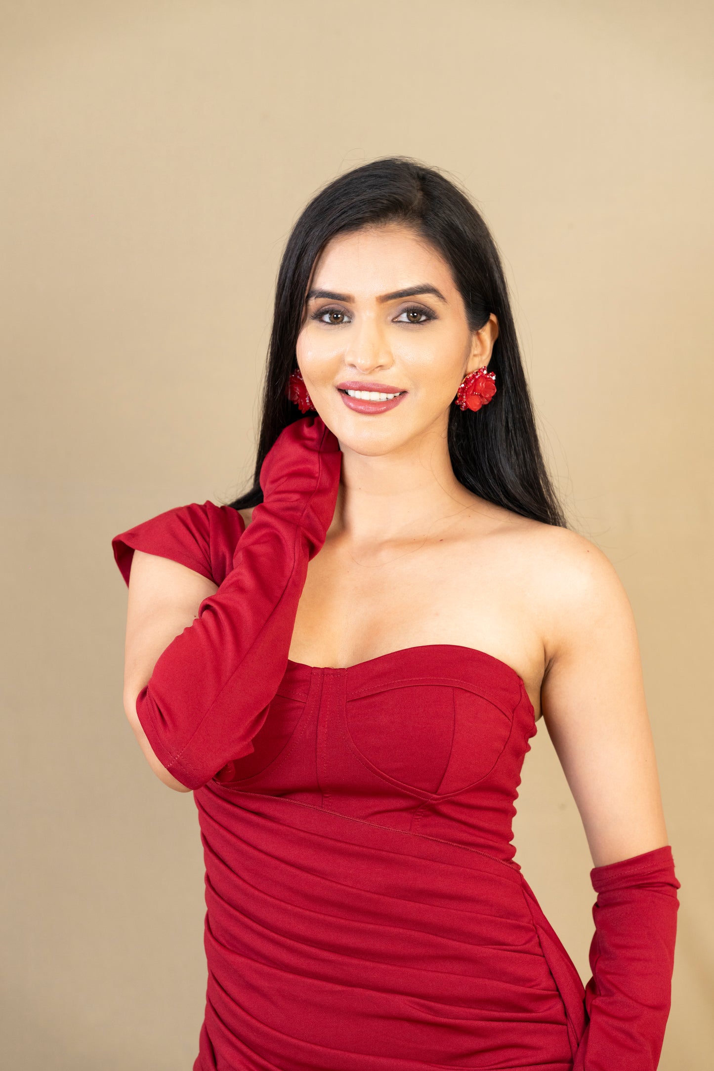 Wine Red Off-Shoulder Gown with Gloves