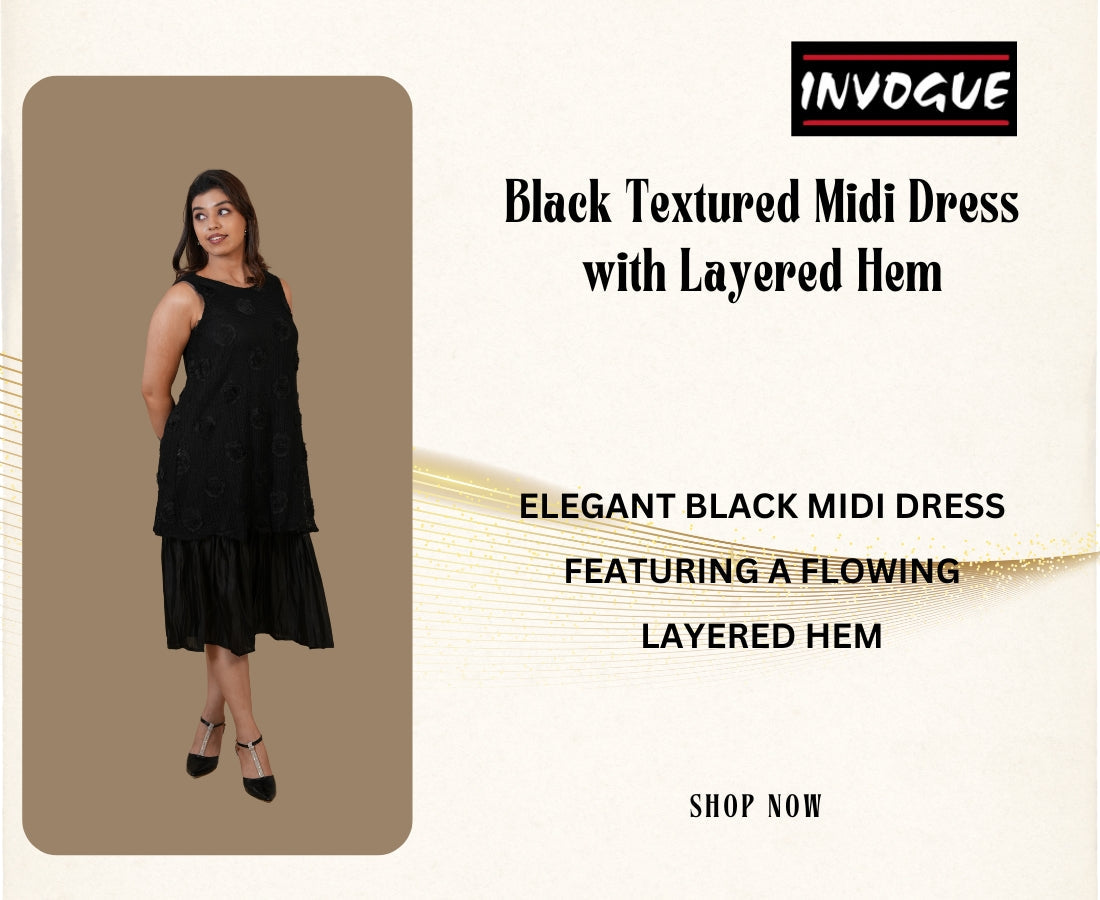 Black Textured Midi Dress with Layered Hem – Perfect for Every Occasion