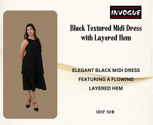 Black Textured Midi Dress with Layered Hem – Perfect for Every Occasion