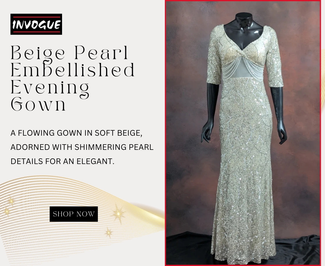 Beige Pearl Embellished Evening Gown — The Statement Piece Every Woman's Wardrobe Needs
