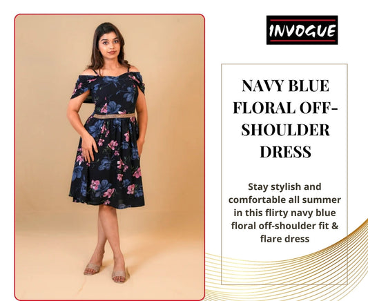 Navy Blue Floral Off-Shoulder Fit & Flare – Comfort Meets Style