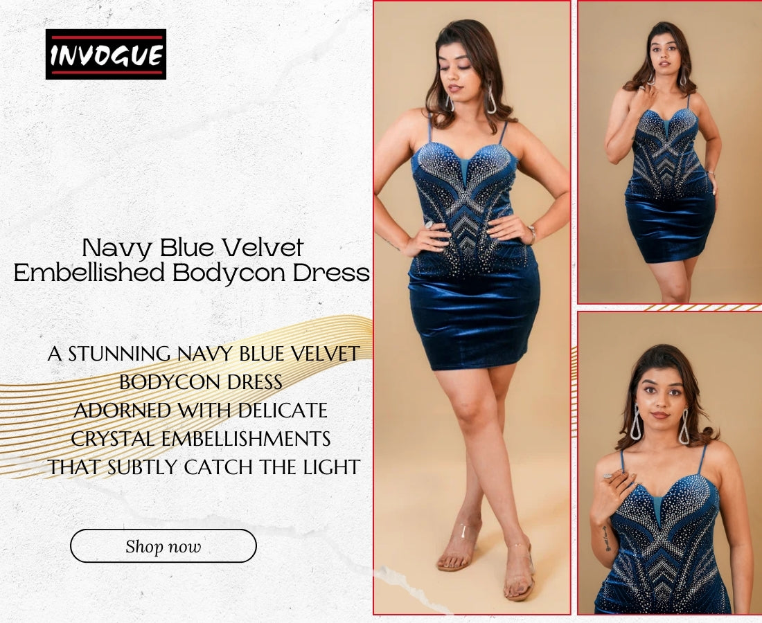Navy Blue Velvet Embellished Bodycon Dress Where Classic Elegance Meets Modern Confidence