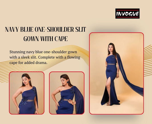 Navy Blue One-Shoulder Slit Gown with Cape