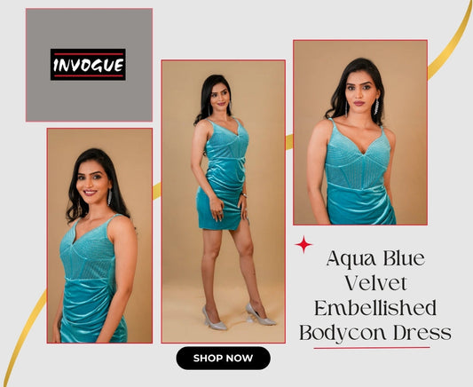 Aqua Blue Velvet Embellished Bodycon Dress: A Modern Expression of Elegance, Confidence, and Western Glamour