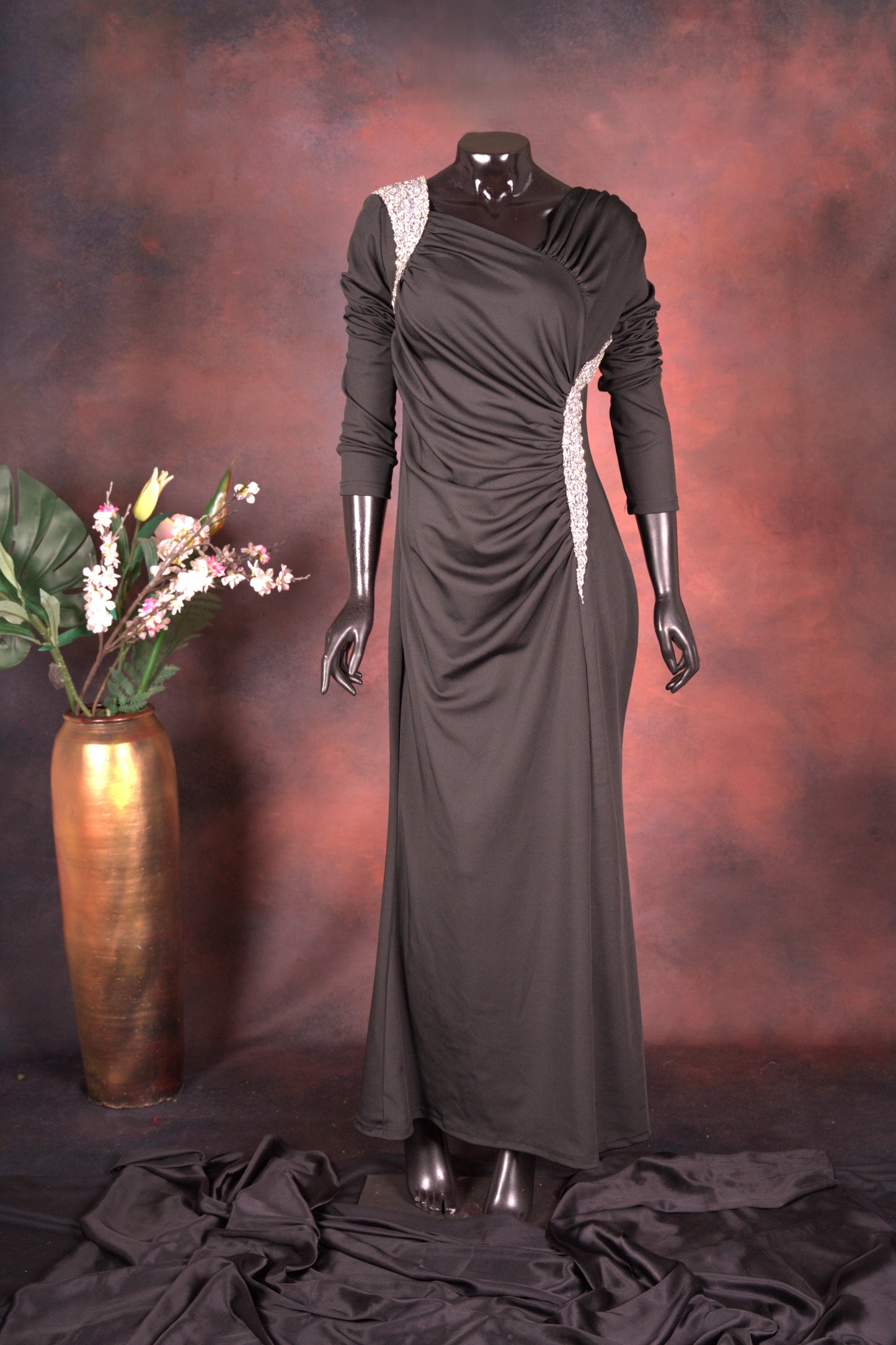 Black Draped Gown with Crystal Accents