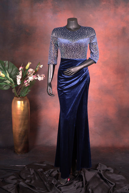 Navy Blue Velvet Embellished Gown