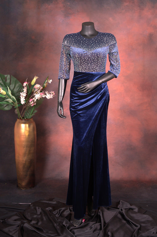 Navy Blue Velvet Embellished Gown