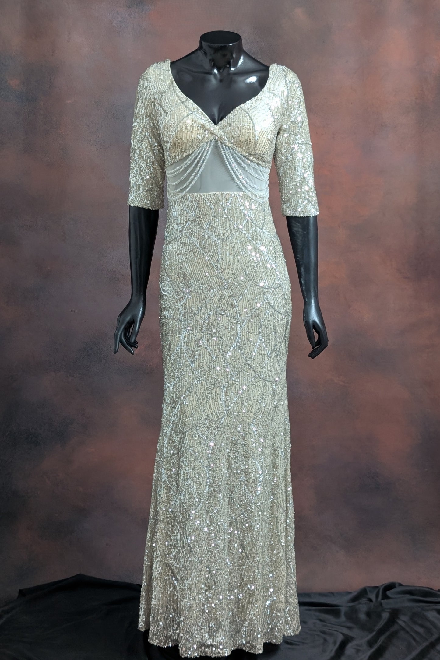 Beige Pearl Embellished Evening Gown