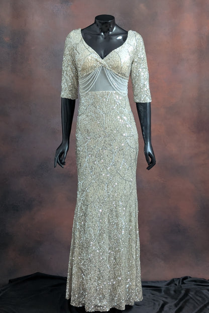 Beige Pearl Embellished Evening Gown