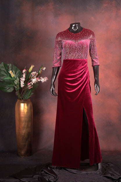 Wine Velvet Embellished Gown