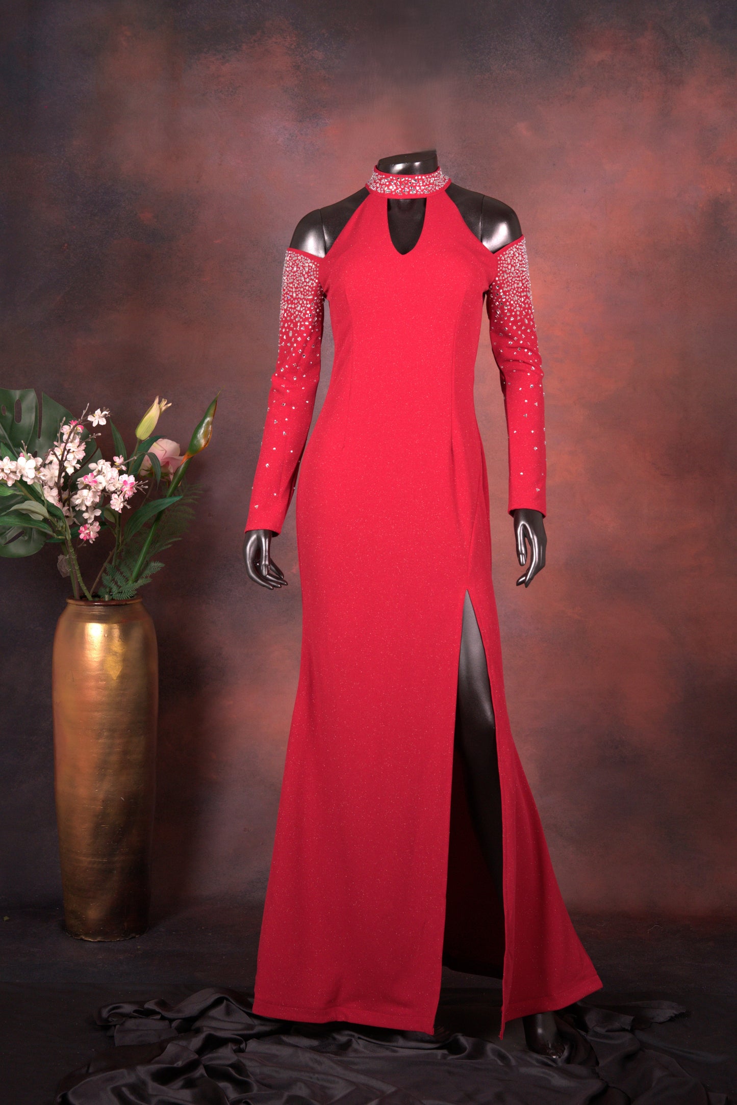 Red Embellished Cold Shoulder Gown