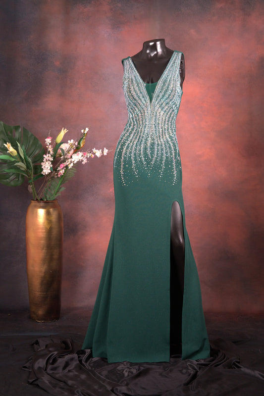 Emerald Green Embellished Slit Gown