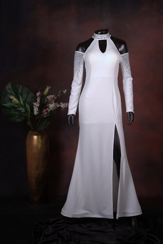 White Embellished Cold Shoulder Gown