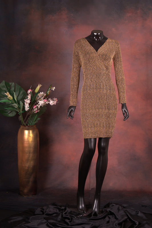 Gold Glitter V-Neck Bodycon Wrap Dress