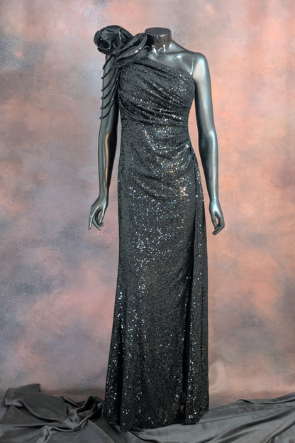 One-Shoulder Sequin Rose Detail Evening Gown