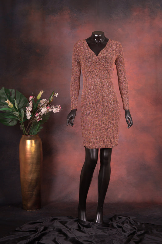 Copper Glitter V-Neck Bodycon Wrap Dress