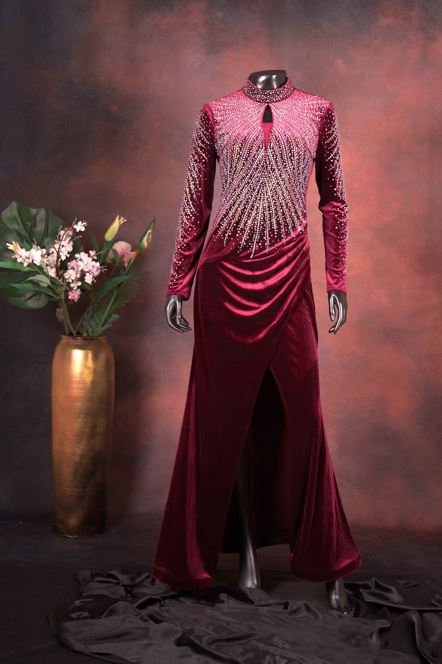 Wine Velvet Embellished High Neck Gown