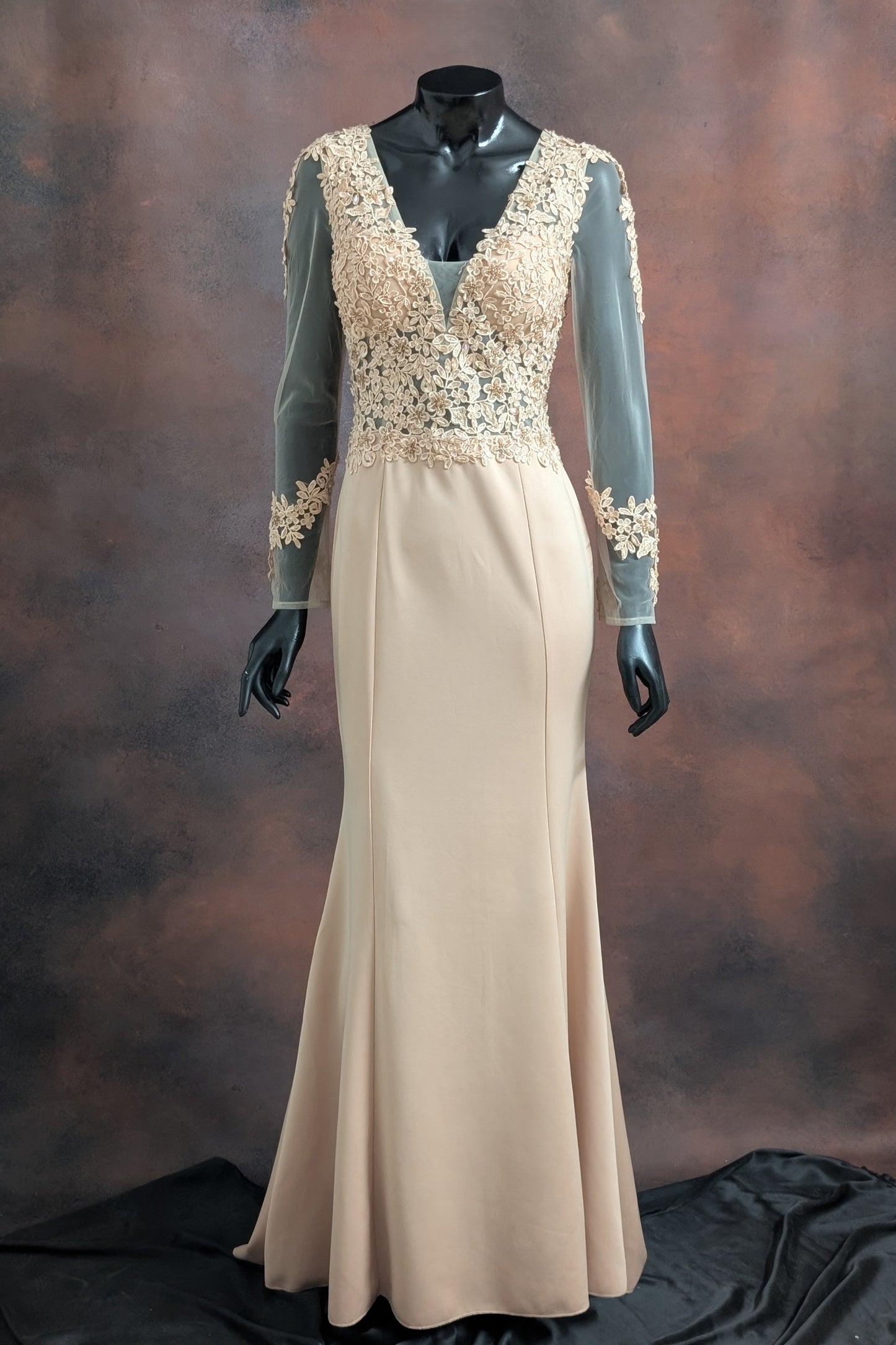 Beige Floral Lace Evening Gown
