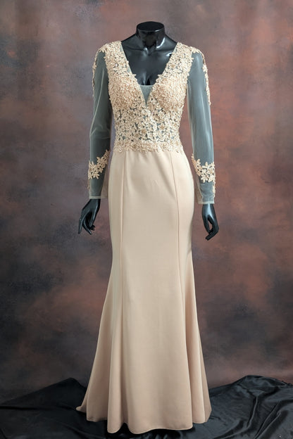 Beige Floral Lace Evening Gown